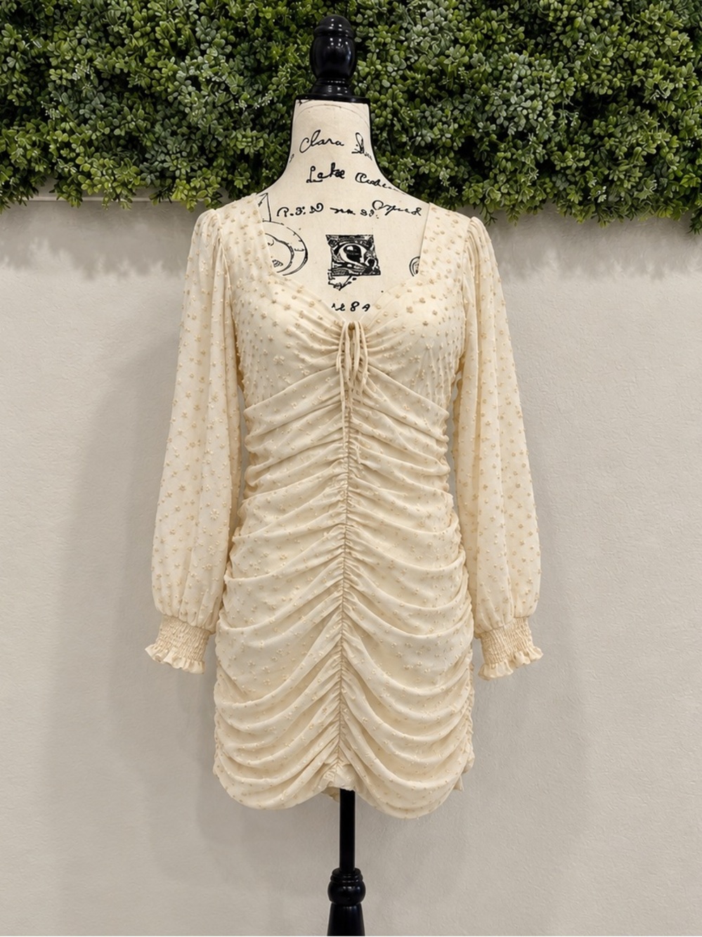 Just Me Cream Swiss Dot Ruched Mini Dress Size L